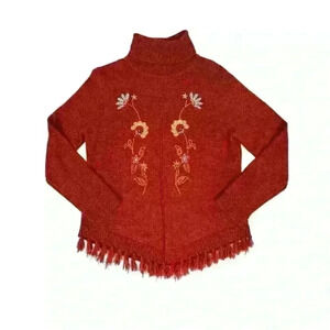 Denim Moves Womens Med Red Sweater Turtle Neck Floral Embroidery Fringe Hem